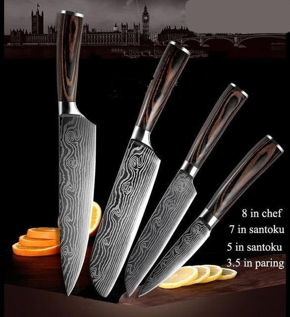 9PCS/set Japanese Kitchen Knives Laser Damascus Pattern Chef Knife Japanese  Chef Knife Sharp Santoku Knife Set Santoku Knife Cleaver Slicing Utility